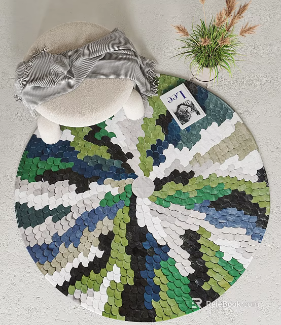 Modern Round Patchwork Rug in Green Blue White Black Tones with Stool Plant 3d model 
