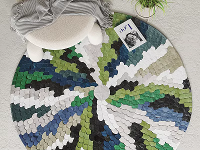 Modern Round Patchwork Rug in Green Blue White Black Tones with Stool Plant 3d model