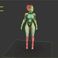Game Movie Character With Teal Hair In Black Blue Futuristic Tech Bodysuit On Hexagonal Floor