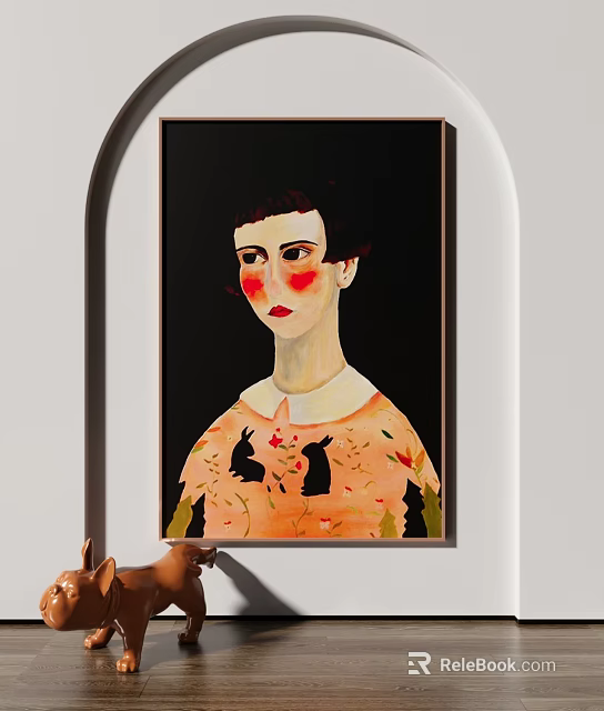 Portrait Painting Of Female With Short Hair Red Cheeks White Collar And Black Background 3d model 