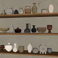 Minimalist Ceramic Vessels Display On Wooden Shelves With Neutral Gray Wall Background