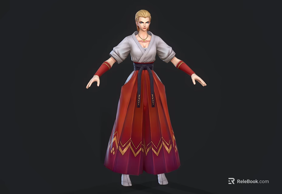 Game Movie Female Character With Blonde Short Hair White Top Red Long Skirt Gold Patterns 3d model 
