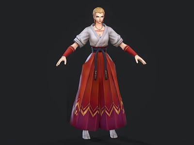 Game Movie Female Character With Blonde Short Hair White Top Red Long Skirt Gold Patterns 3d model