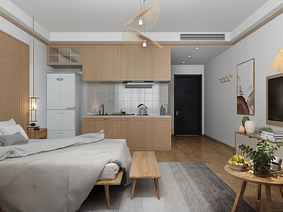Modern Hotel Guest Room Featuring Comfortable Bed Kitchen Area TV And Wooden Cabinets 3d model