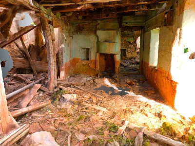 Dilapidated Building Interior With Collapsed Wooden Beams Broken Walls And Peeling Paint 3d model