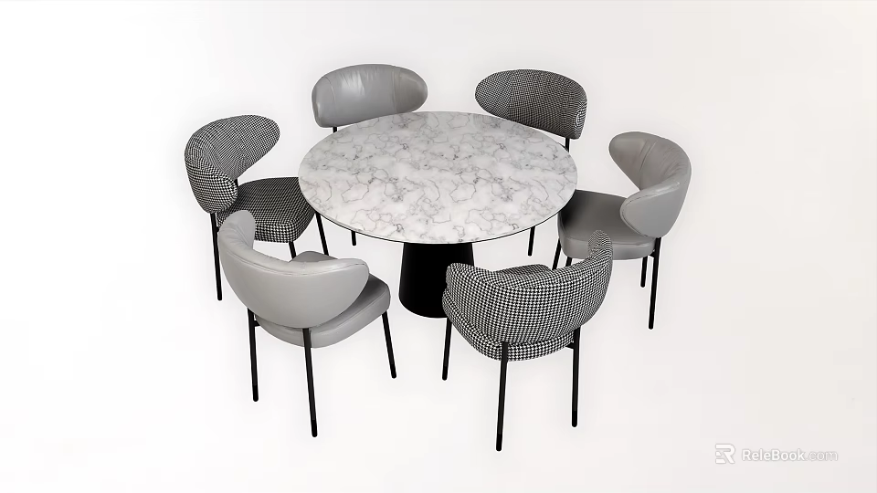 Round Marble Dining Table Set With Six Gray Patterned Upholstered Chairs Black Metal Legs 3d model