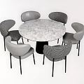 Round Marble Dining Table Set With Six Gray Patterned Upholstered Chairs Black Metal Legs 3d model