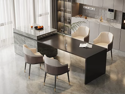Modern Black Dining Table Set with Four Light Gray Chairs Gold Legs and Open Book 3d model