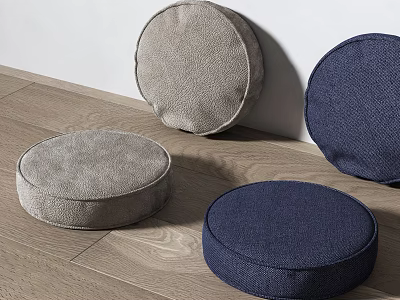 Stylish Round Fabric Floor Cushions in Gray and Navy Blue on Wooden Floor 3d model