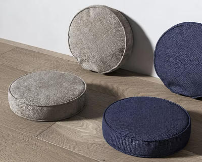 Stylish Round Fabric Floor Cushions in Gray and Navy Blue on Wooden Floor 3d model