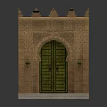 Arabian Style Entrance Gate With Arched Green Door Decorative Walls Wall Lanterns And Marble Steps