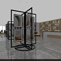 Modern Lobby Interior With Rotating Black Frame Screens Displaying Artworks Marble Floor and Wooden Bookshelves