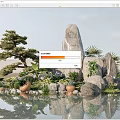 Garden Ornamental Display with Rock Formation Pine Tree Palm Plants Terracotta Pots and Pond Reflections