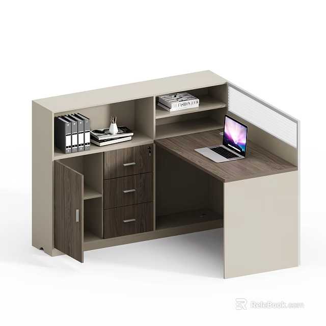 Modern Office Desk with Drawers Cabinet File Organizers and Laptop on Wooden Top 3d model 