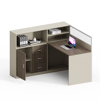 Modern Office Desk with Drawers Cabinet File Organizers and Laptop on Wooden Top 3d model