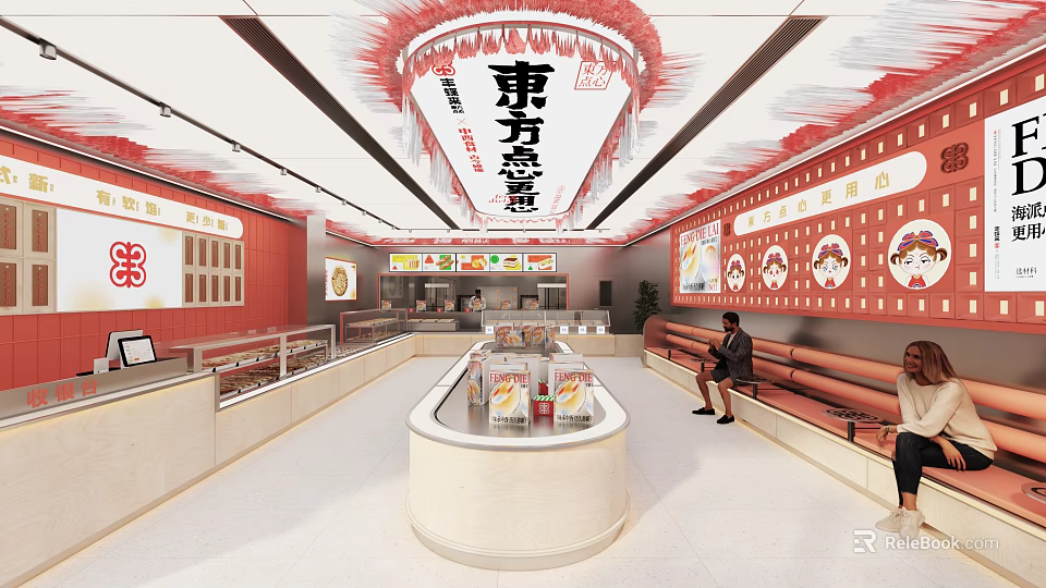 Oriental Dessert Shop Interior Design With Red Decor And Seating Area 3d model