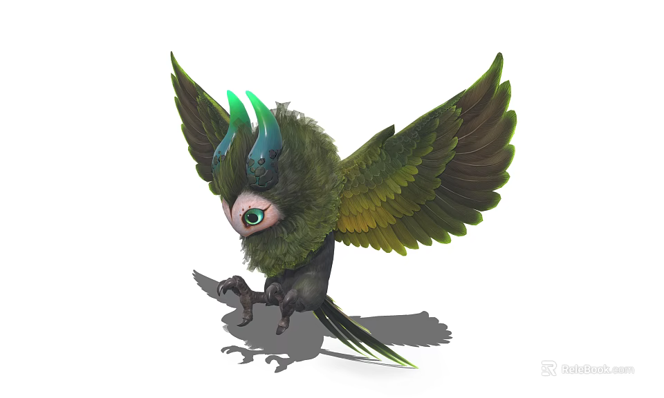 Mythical Flying Creature With Green Feathers Blue Horns Large Eyes And Outstretched Wings 3d model 