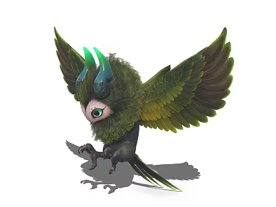 Mythical Flying Creature With Green Feathers Blue Horns Large Eyes And Outstretched Wings 3d model