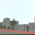 Rural Landscape With Modern Buildings Gray Walls Trees Blue Sky Red Brick Pavement