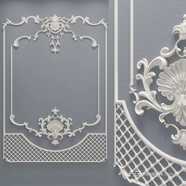 Symmetric Ornate Curved Decorative Lines With Shell Design And Lattice Detail For Wall Decor 3d model 