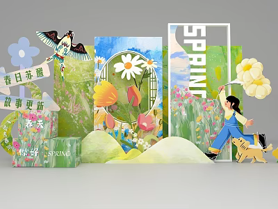 Spring Paper Art Scene With Girl Dog Kite And Flowers Story Update 3d model