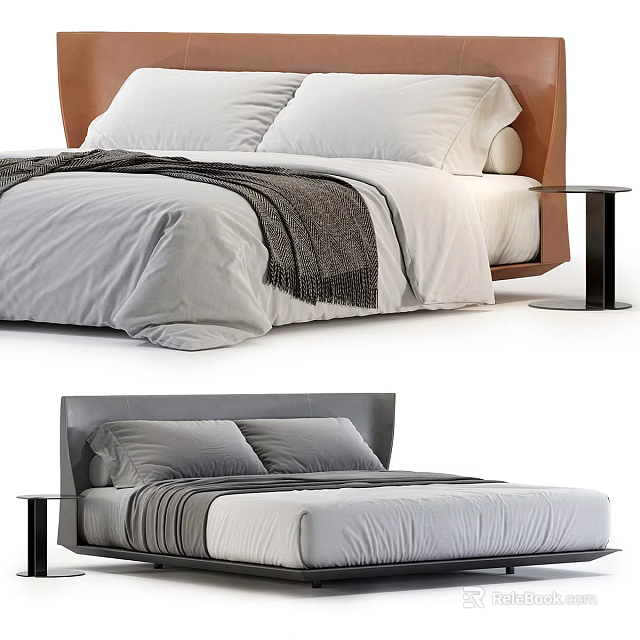 Modern Double Bed With Brown Headboard White Sheets Gray Blanket And Side Table 3d model