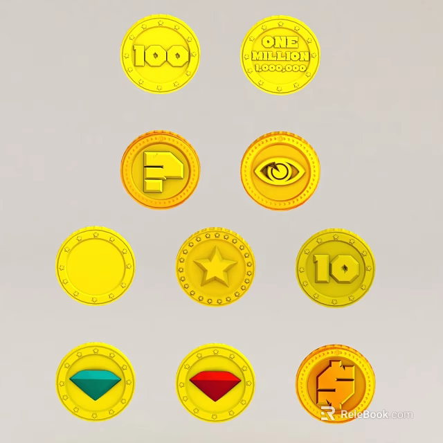 Various Gold Coins And Gemstones With 100 10 Star Eye And House Designs 3d model 
