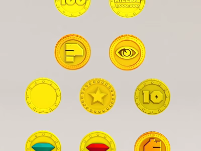 Various Gold Coins And Gemstones With 100 10 Star Eye And House Designs 3d model