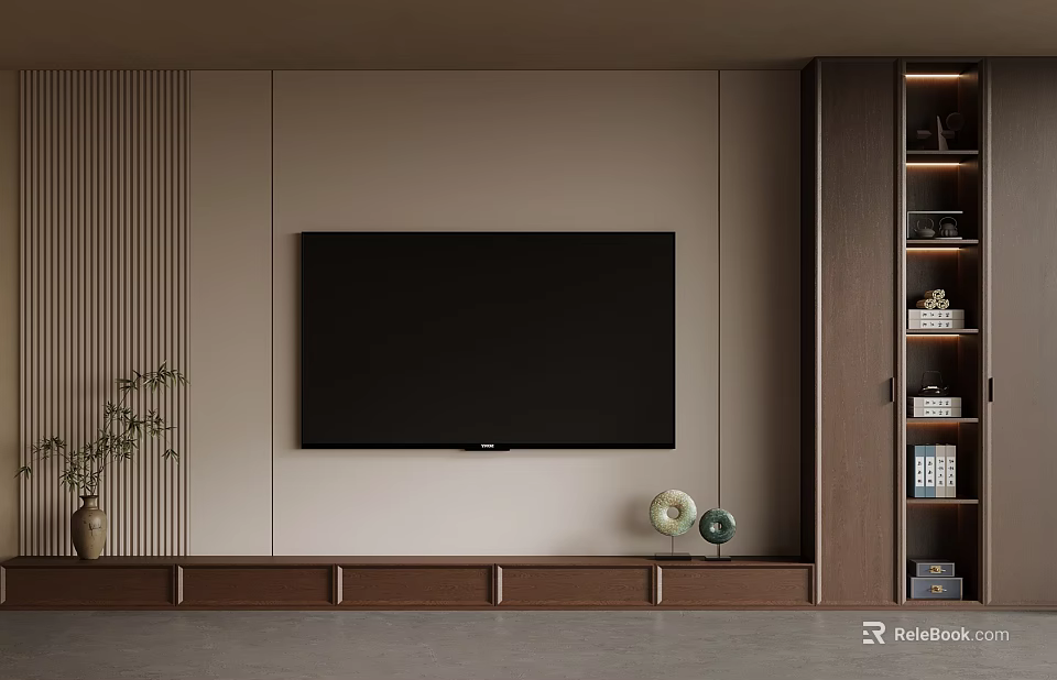 Modern TV Background Wall with Beige Wooden Decoration Built-in TV Bottom Cabinet and Side Bookshelf 3d model 