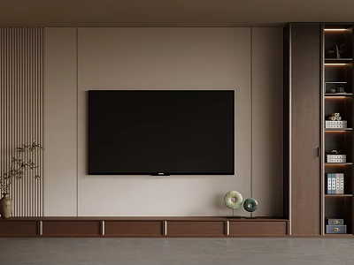 Modern TV Background Wall with Beige Wooden Decoration Built-in TV Bottom Cabinet and Side Bookshelf 3d model