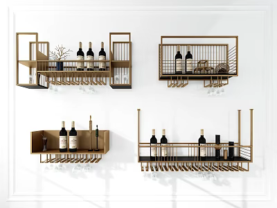 Modern Wall Mounted Wine Rack Designs With Metal Frame And Glass Holders 3d model
