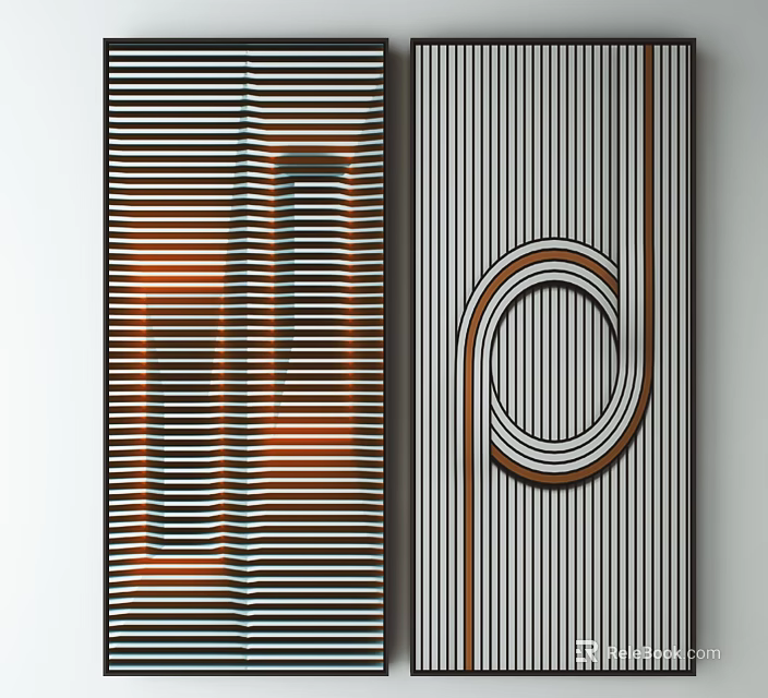 Abstract Geometric Design With Black White Stripes And Orange Brown Curved Patterns 3d model 
