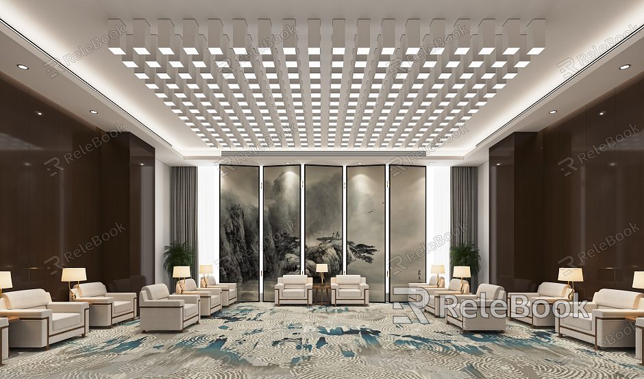 New Chinese-style Reception Room Meeting Room VIP Room VIP Room Leisure Sofa Chandelier Background Wall model