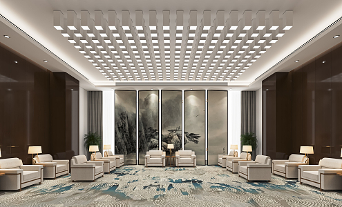 New Chinese-style Reception Room Meeting Room VIP Room VIP Room Leisure Sofa Chandelier Background Wall 3d model