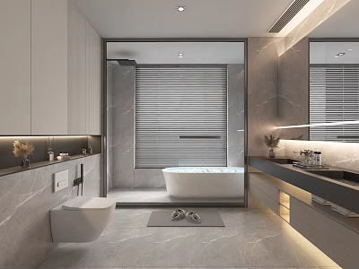 Modern Bathroom Interior Design With Gray Marble Walls Floors White Bathtub Vanity Mirror And Blinds 3d model