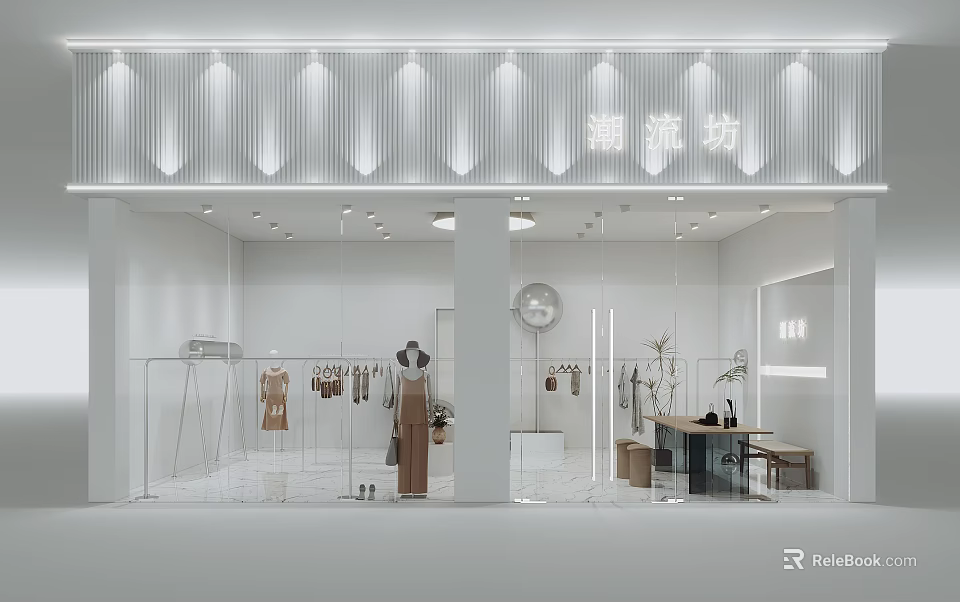 Trendy Clothing Store With Modern White Glass Window And Hanging Fashion Apparel 3d model 