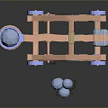 Ancient Wooden Catapult Weapon With Wheeled Structure And Stone Projectiles