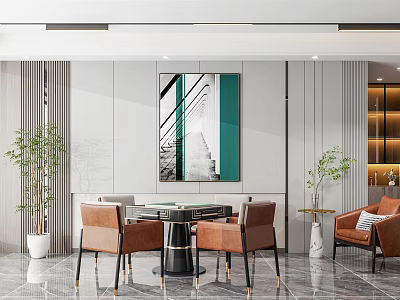 Modern Elegant Entertainment Room With Sofa Coffee Table Rug Plants Decorative Painting And Chandelier 3d model