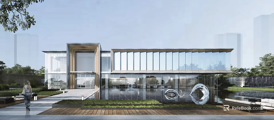 Modern Sales Office Building Featuring Glass Curtain Walls Water Feature Sculptures and Landscaping 3d model 