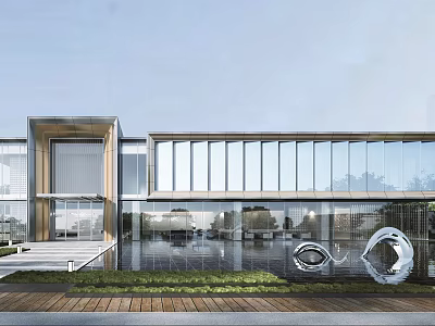 Modern Sales Office Building Featuring Glass Curtain Walls Water Feature Sculptures and Landscaping 3d model