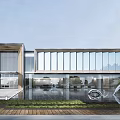 Modern Sales Office Building Featuring Glass Curtain Walls Water Feature Sculptures and Landscaping