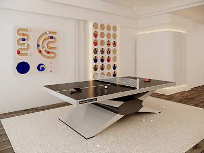 Modern Indoor Sports Equipment Ping Pong Table with Decorative Wall Display Paddles and Balls 3d model