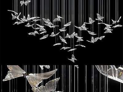 Many Silver Butterfly Shaped Crystal Chandeliers Hanging On Thin Threads Decorative Design 3d model