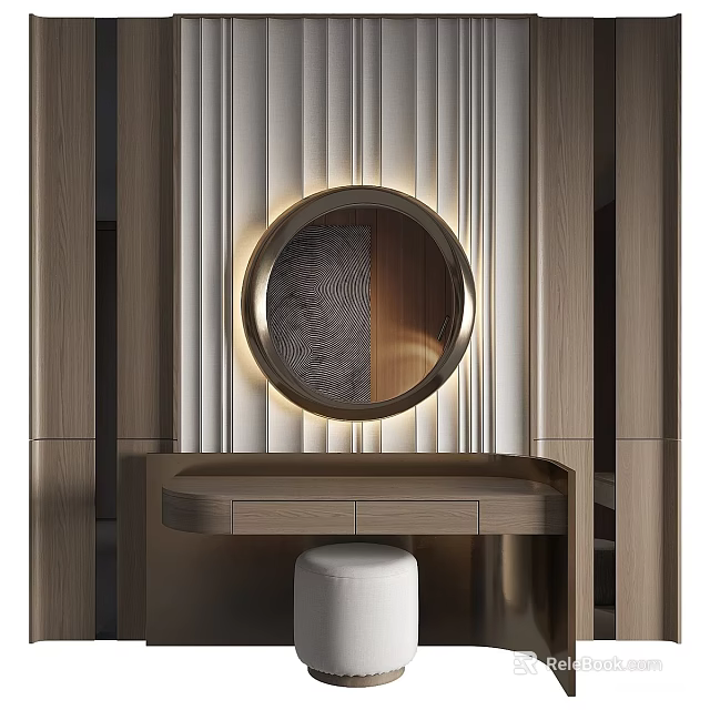Modern Wooden Dressing Table With Round Gold Frame Mirror And Vertical Striped Backdrop 3d model 