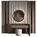 Modern Wooden Dressing Table With Round Gold Frame Mirror And Vertical Striped Backdrop