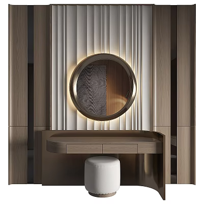 Modern Wooden Dressing Table With Round Gold Frame Mirror And Vertical Striped Backdrop 3d model