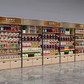 Retail Display Shelves With Wooden Metal Structure Stocked With Various Products