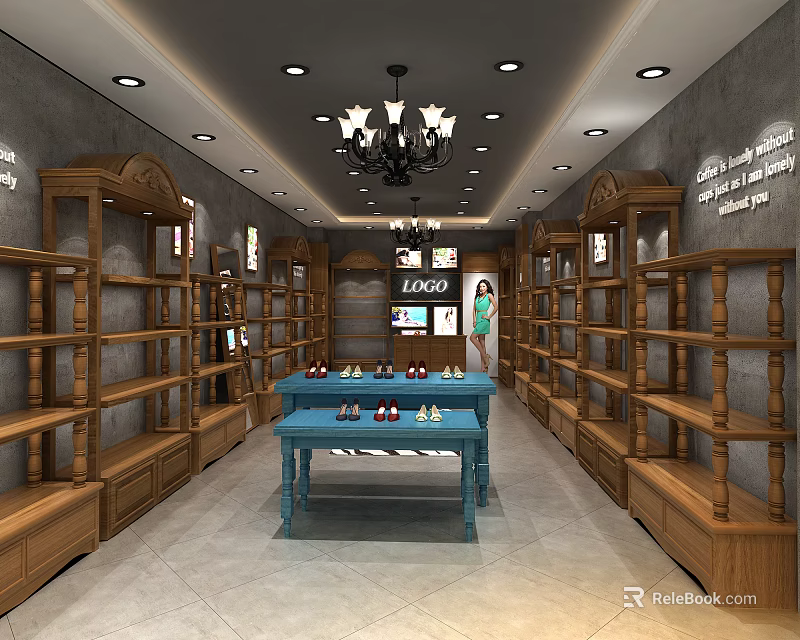 Specialty Store Interior With Wooden Shelves Blue Tables Chandelier And Tile Floor 3d model 