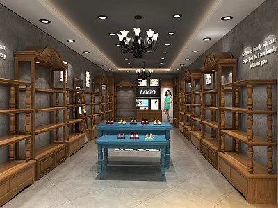 Specialty Store Interior With Wooden Shelves Blue Tables Chandelier And Tile Floor 3d model