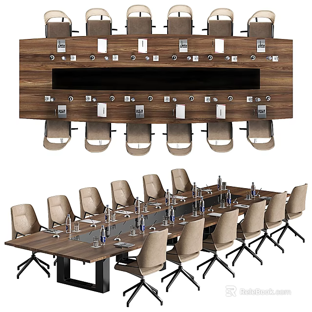 Wooden Conference Table With Multiple Chairs Water Bottles And Power Outlets On Wall Panel 3d model 